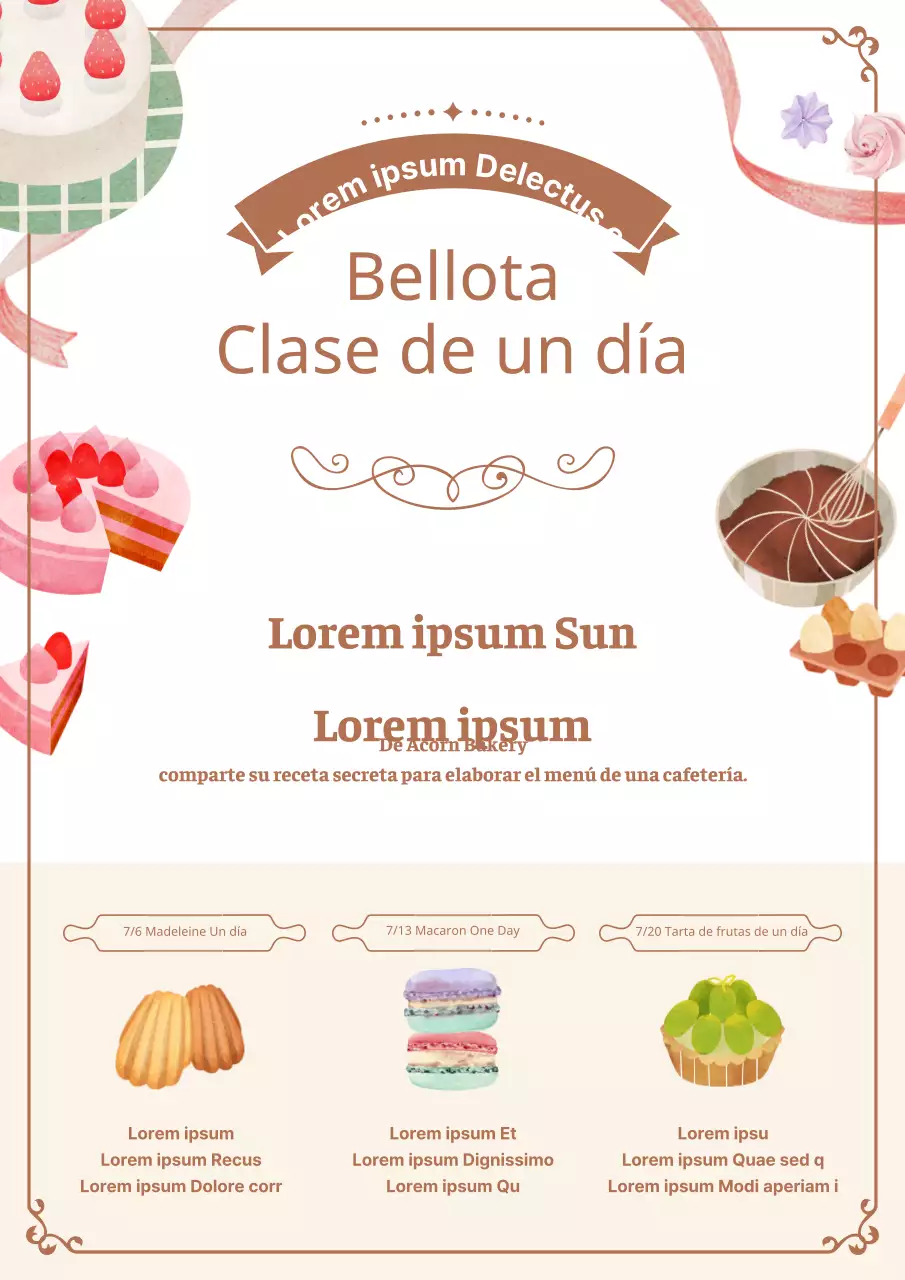 Promover un concepto suave y cálido para las clases de cocina con ilustraciones marrones relacionadas con los postres.