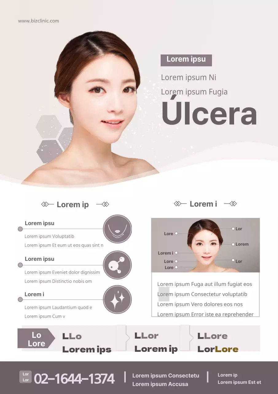 Promover e informar sobre procedimentos de cirurgia estética com imagens de mulheres em conceitos roxos e luxuosos