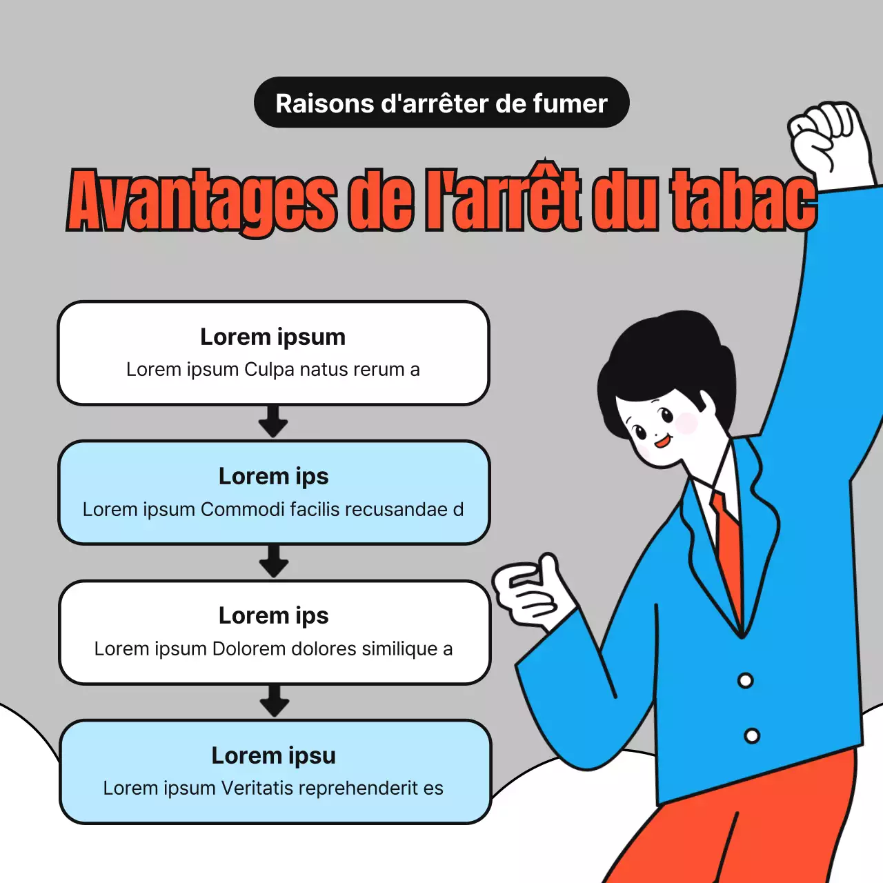 Des illustrations simples et mignonnes en rouge, bleu et gris sur la façon d'arrêter de fumer.