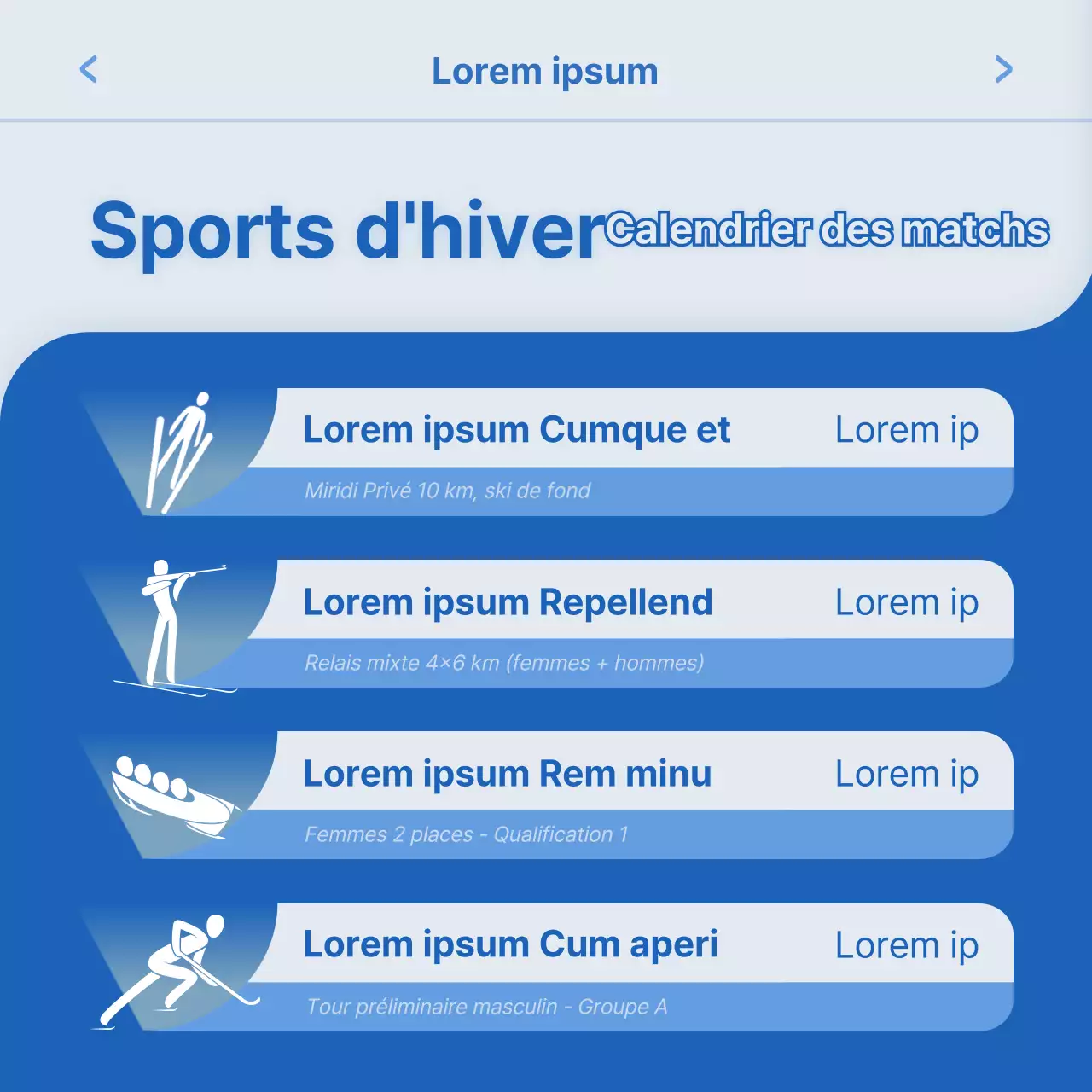 Calendrier des sports d'hiver avec un concept d'interface utilisateur bleu et blanc