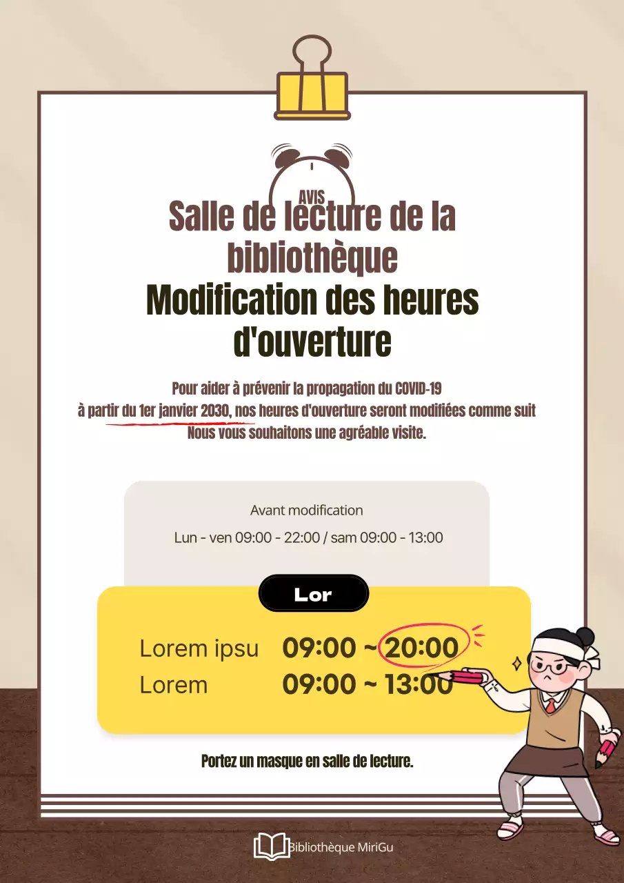 Un joli avis de changement d'horaires de salle de lecture marron et jaune