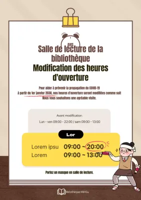 Un joli avis de changement d'horaires de salle de lecture marron et jaune