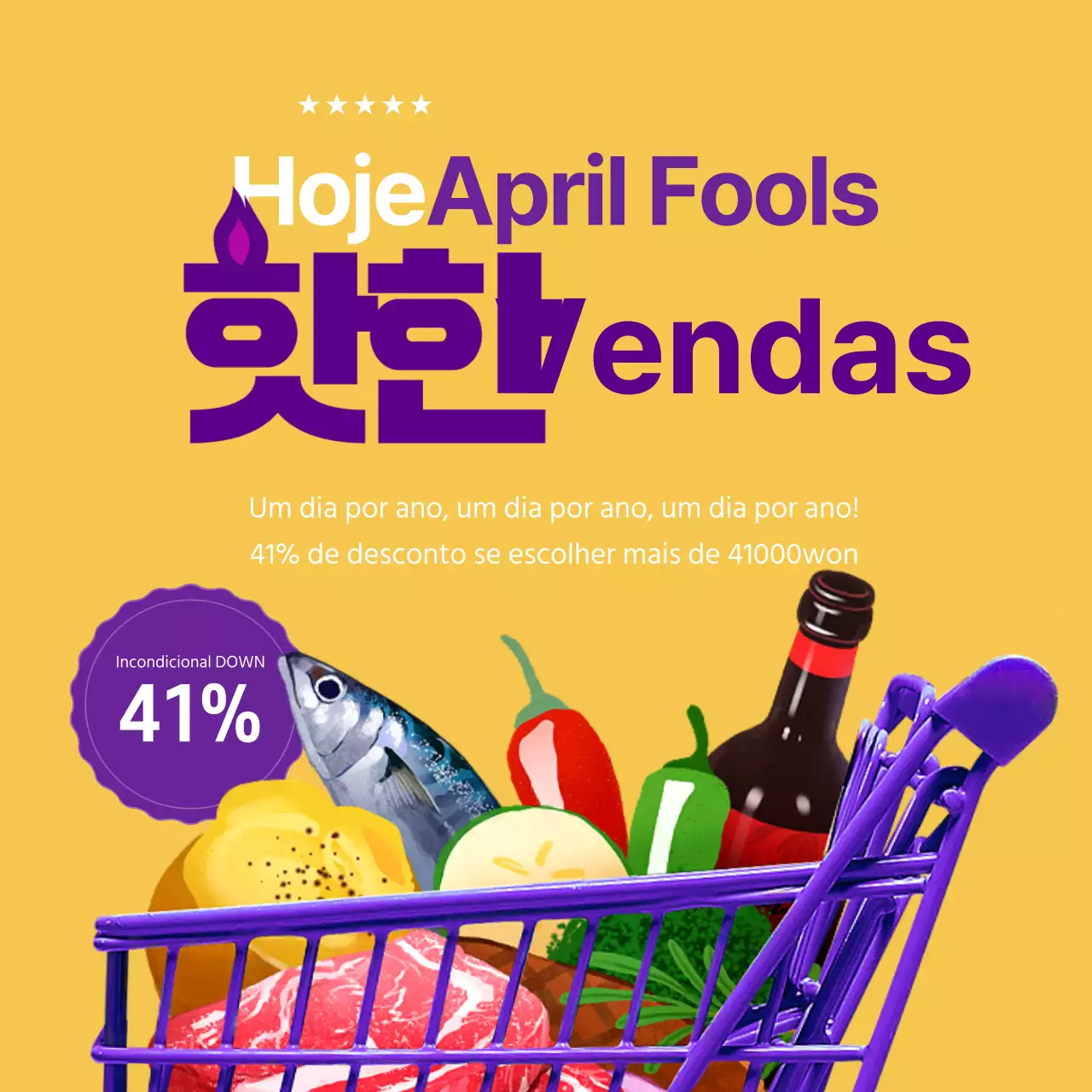 Anúncio de um evento de venda do Dia da Mentira em amarelo e roxo