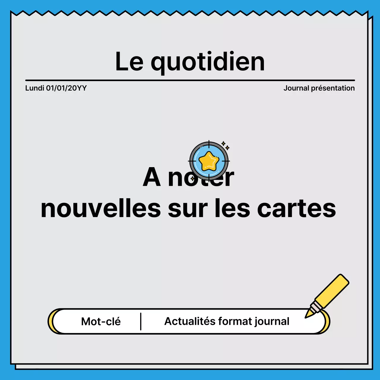 Carte de nouvelles audacieuse et attirant l'attention dans un concept de journal avec des couleurs jaune et bleu clair en accent.