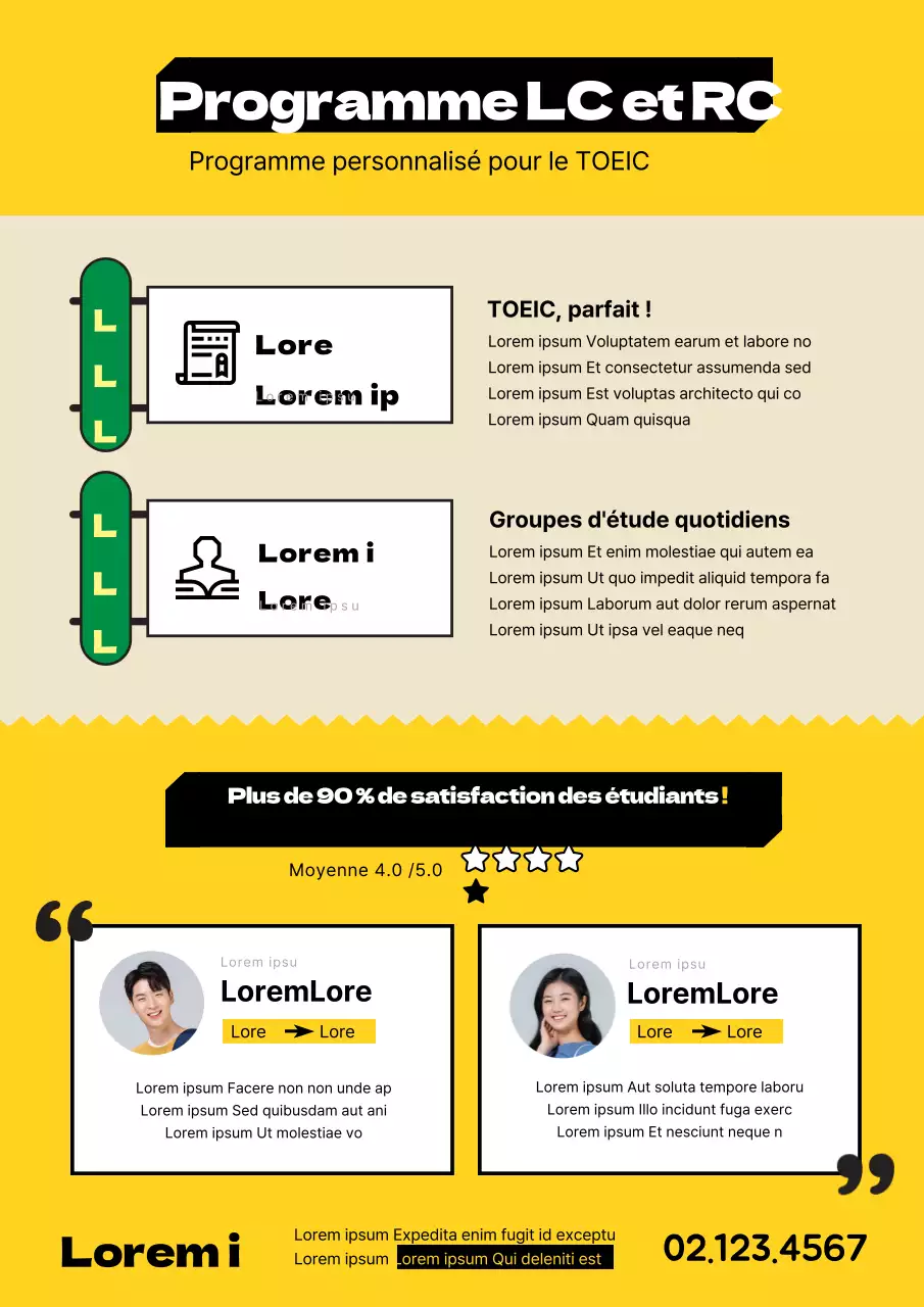 Des icônes et des textes jaunes et noirs pour promouvoir le TOEIC