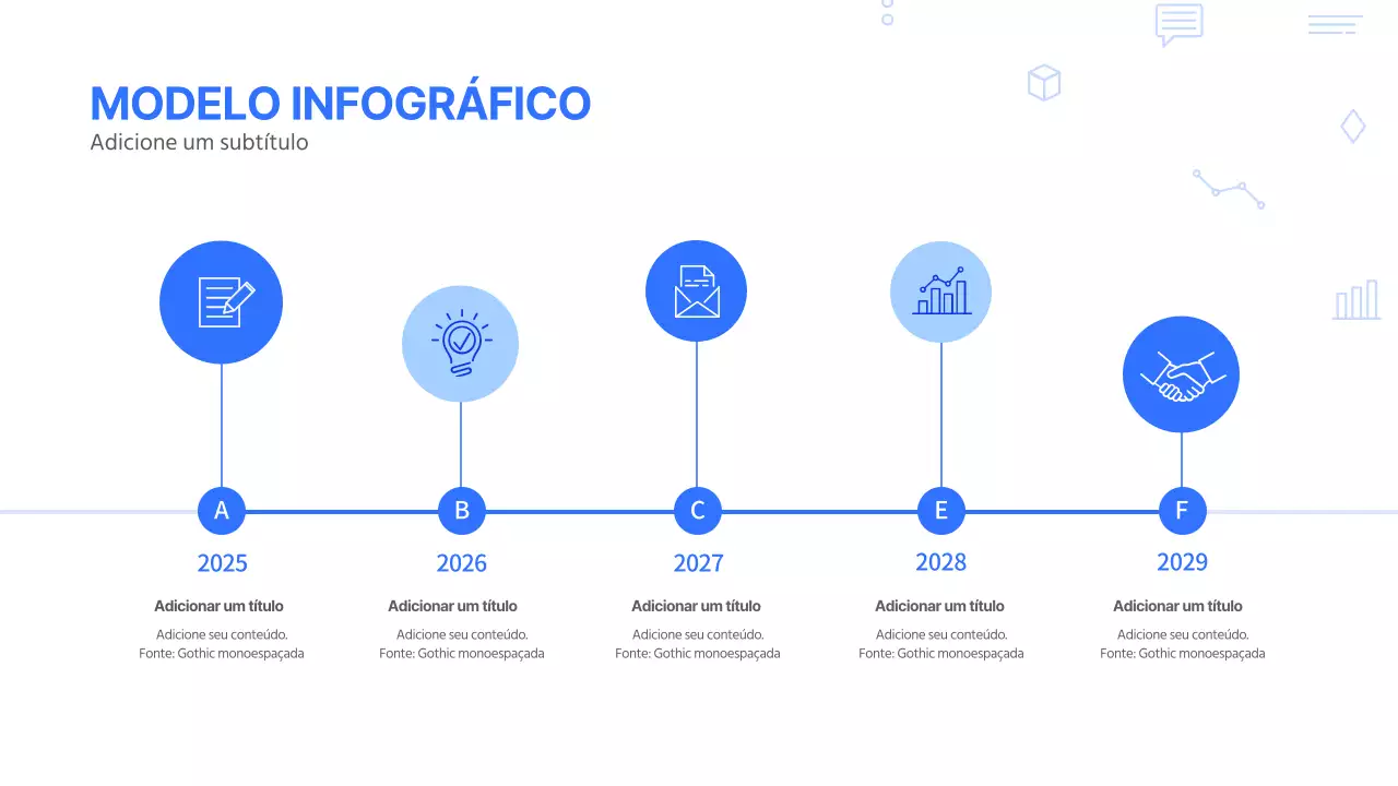 Modelo de infografia empresarial com linha cronológica limpa e de tom azul