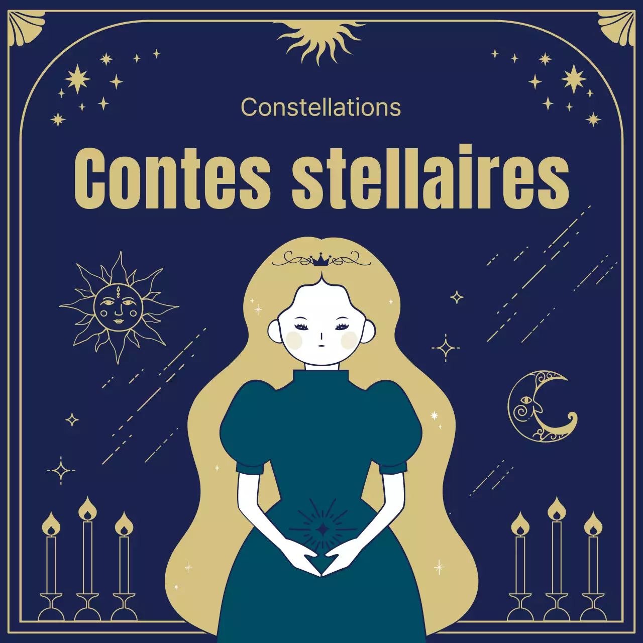 Les origines et l'horoscope des étoiles dans des illustrations mystiques de cartes de tarot en bleu marine et or.
