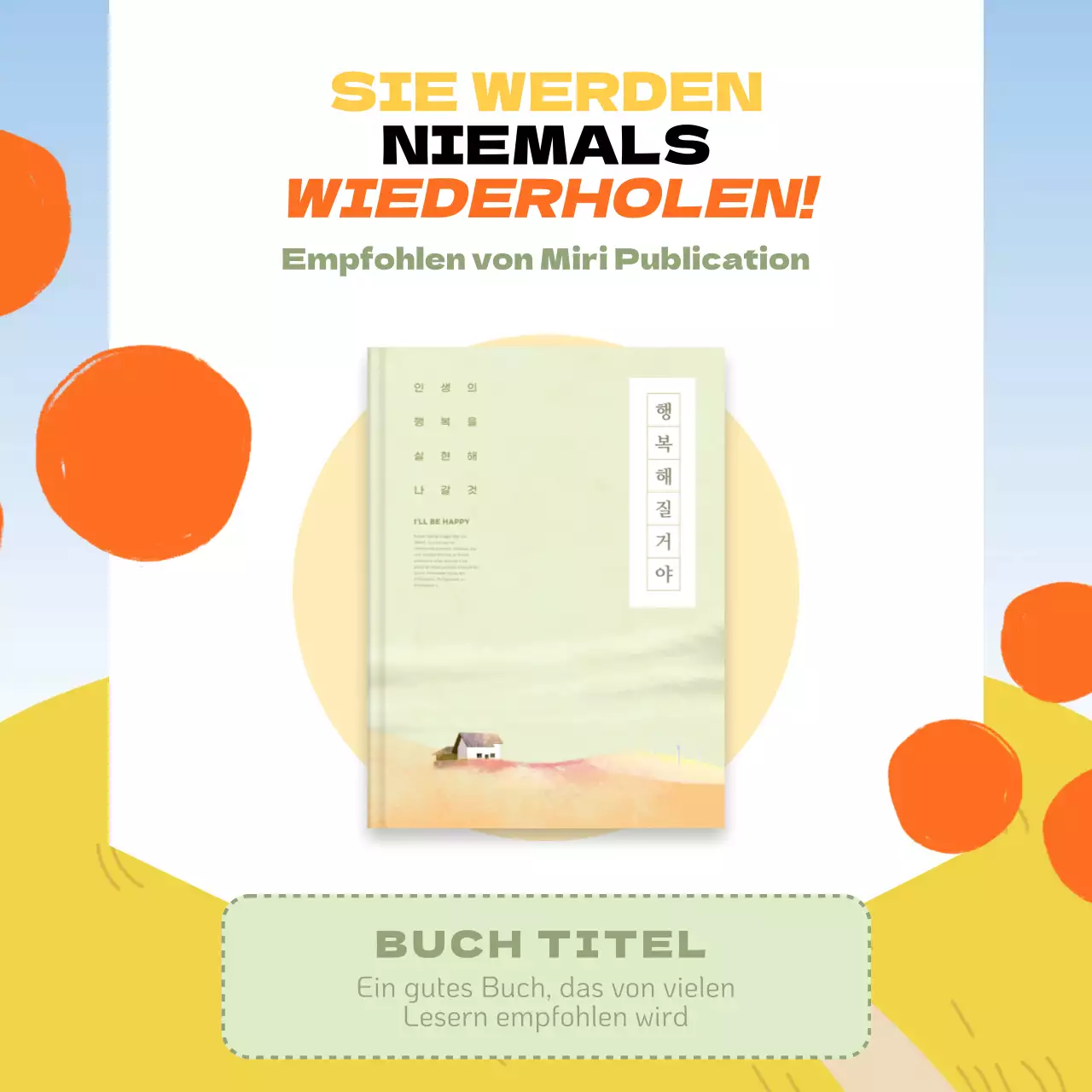 Buchempfehlungswerbung mit gelbem und orangefarbenem Illustrationshintergrund V1