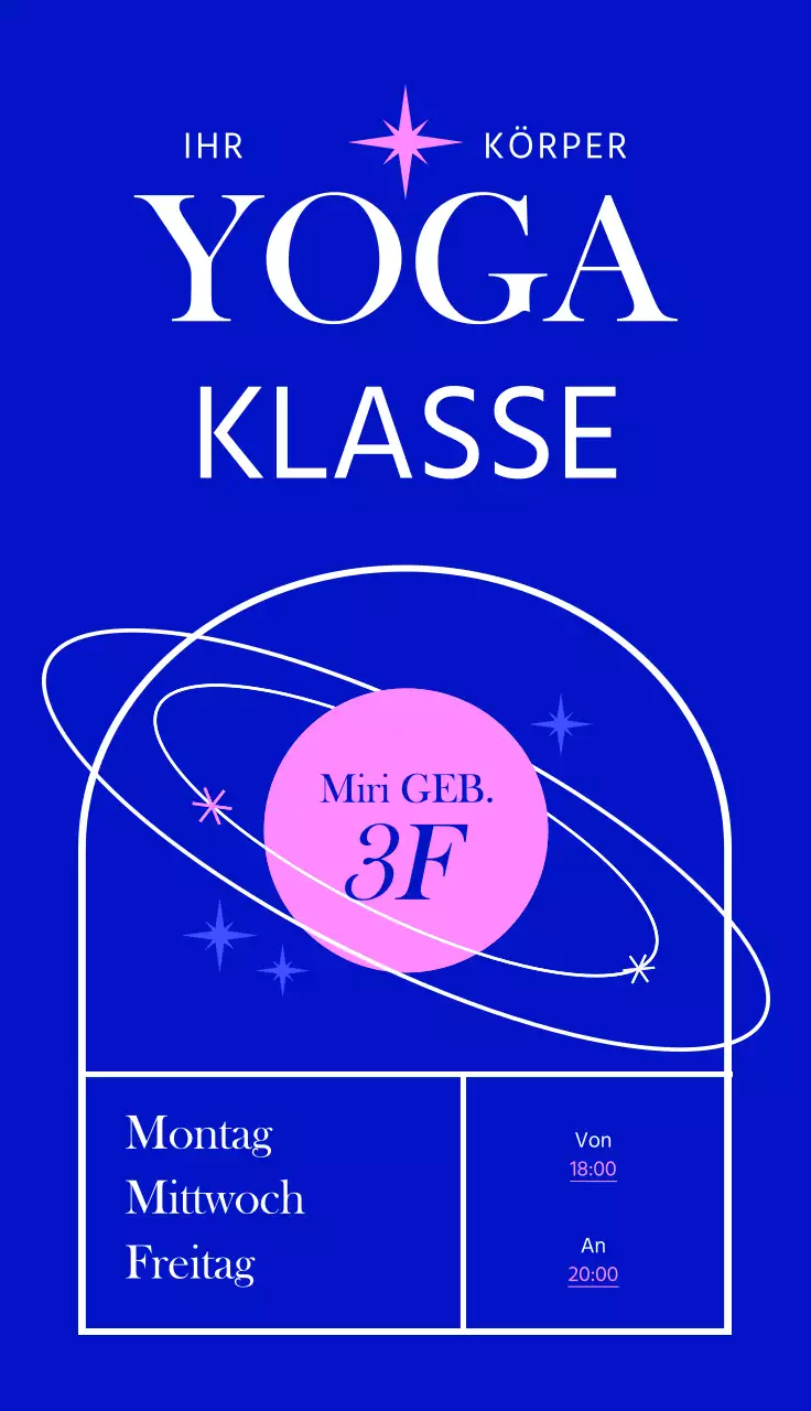 Ein hippes Schild für ein Yogastudio mit farbenfrohem Text und Strichillustrationen von Formen und Klassen.