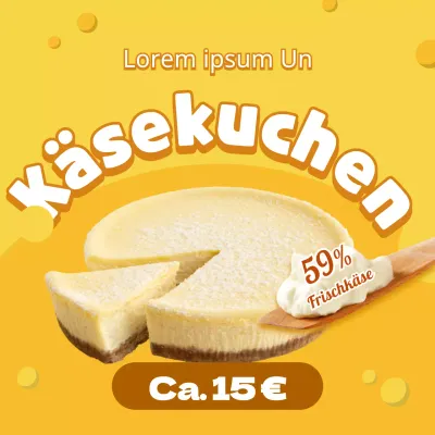 Ein süßer Käsekuchen mit einem gelben Käse-Hintergrund und einem Preisführer
