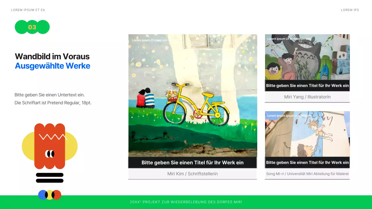 Planung einer Ausstellung von sauber illustrierten Wandbildern in Weiß, Blau und Grün