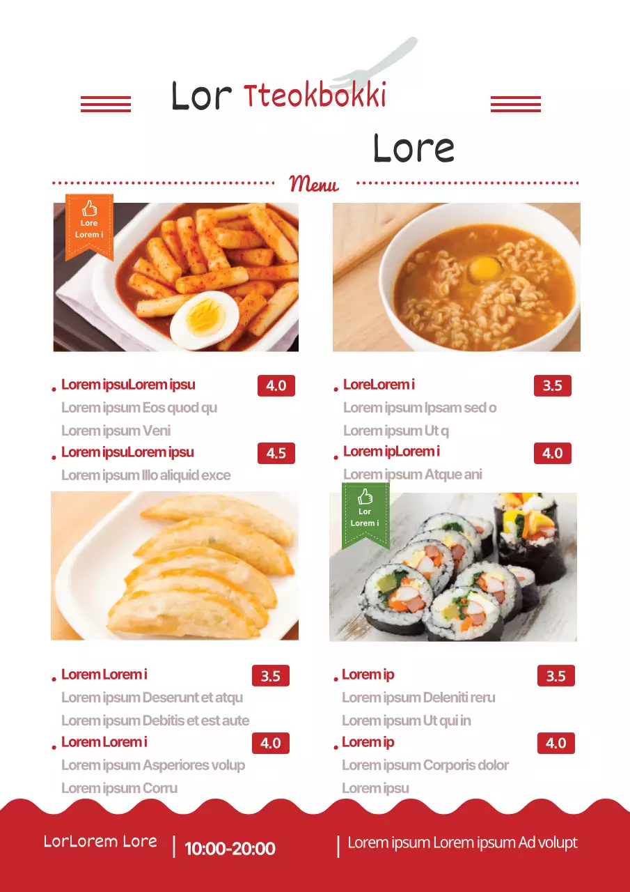 Menu de massas em vermelho e branco