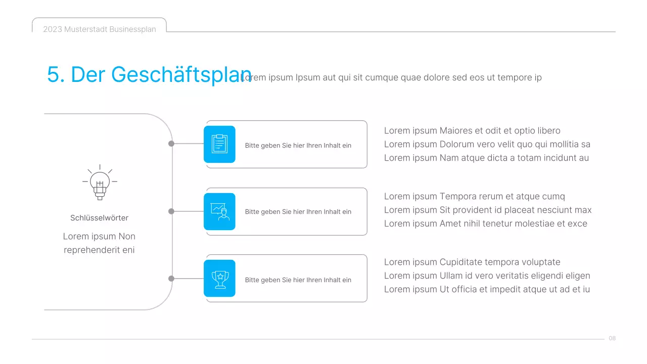 Eine saubere, blau-weiße Businessplan-Präsentation für kulturelle Inhalte