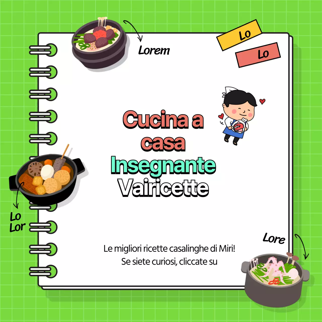 Eventi di ricette di cucina con sfondo chartreuse e simpatiche illustrazioni