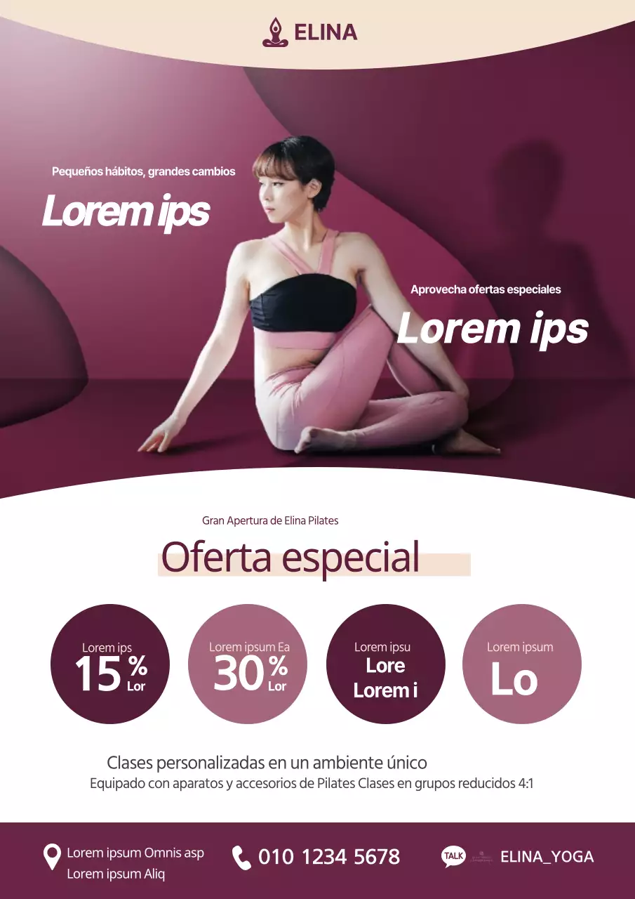 Promocione un acto abierto con la foto de una mujer haciendo yoga vestida de morado.