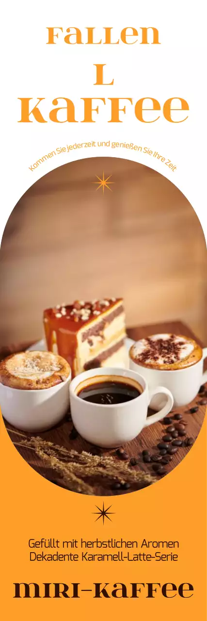 Eine stimmungsvolle herbstliche Getränkekarte mit einem warmen gelben Hintergrund, Fotos von herbstlichem Kaffee und englischer Schrift