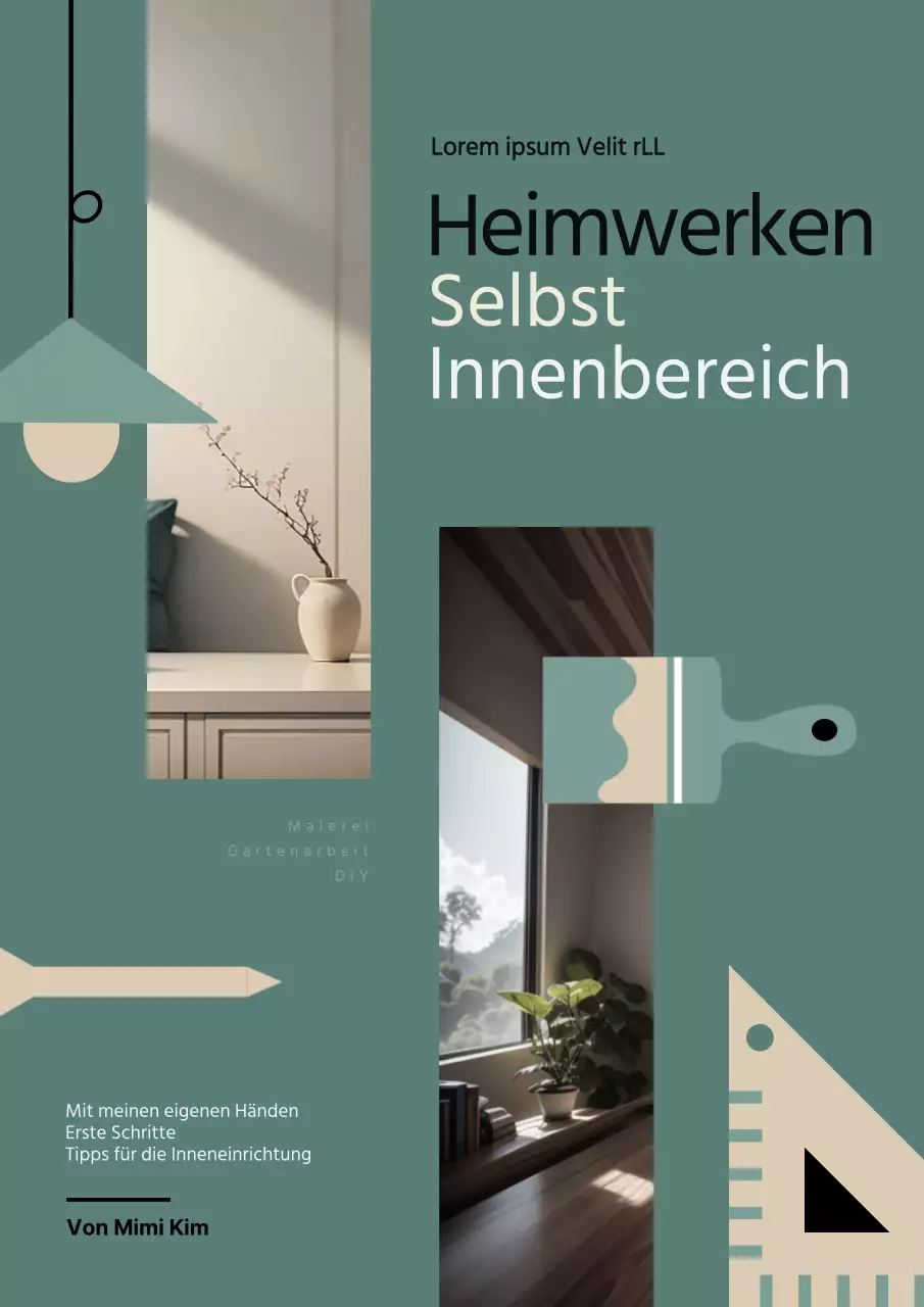 Innenbuch mit grünen und beigen Fotorahmen und Abbildungen von Innenwerkzeugen