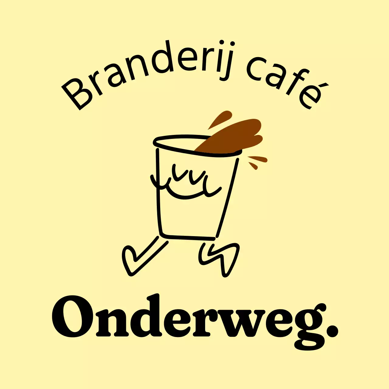 Warme en uitnodigende winkelbewegwijzering in lichtgeel en zwart met café-gerelateerde tekst en illustraties in de vorm van een koffiepoppetje.