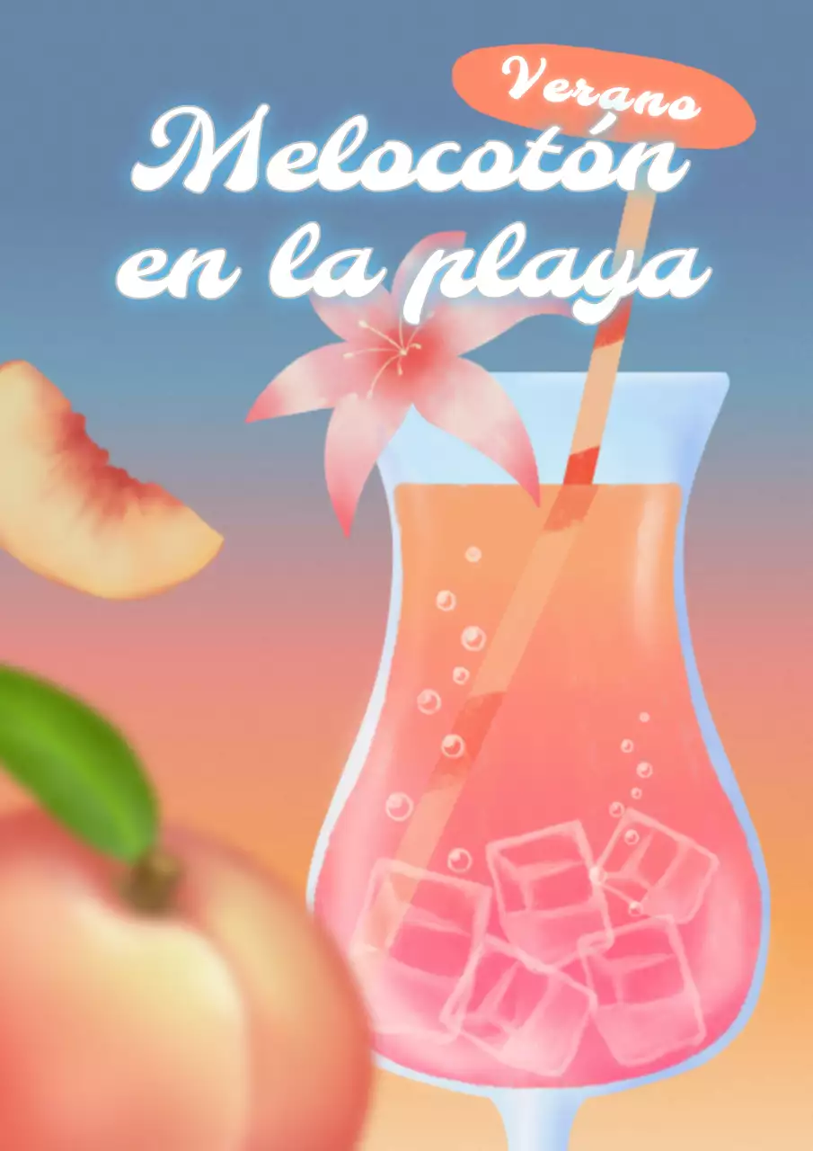Promoción de bebidas con un colorido cóctel de melocotón sobre fondo degradado