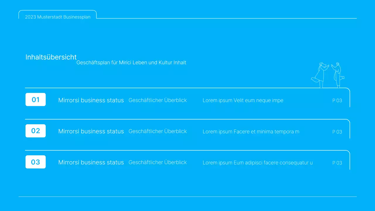 Eine saubere, blau-weiße Businessplan-Präsentation für kulturelle Inhalte