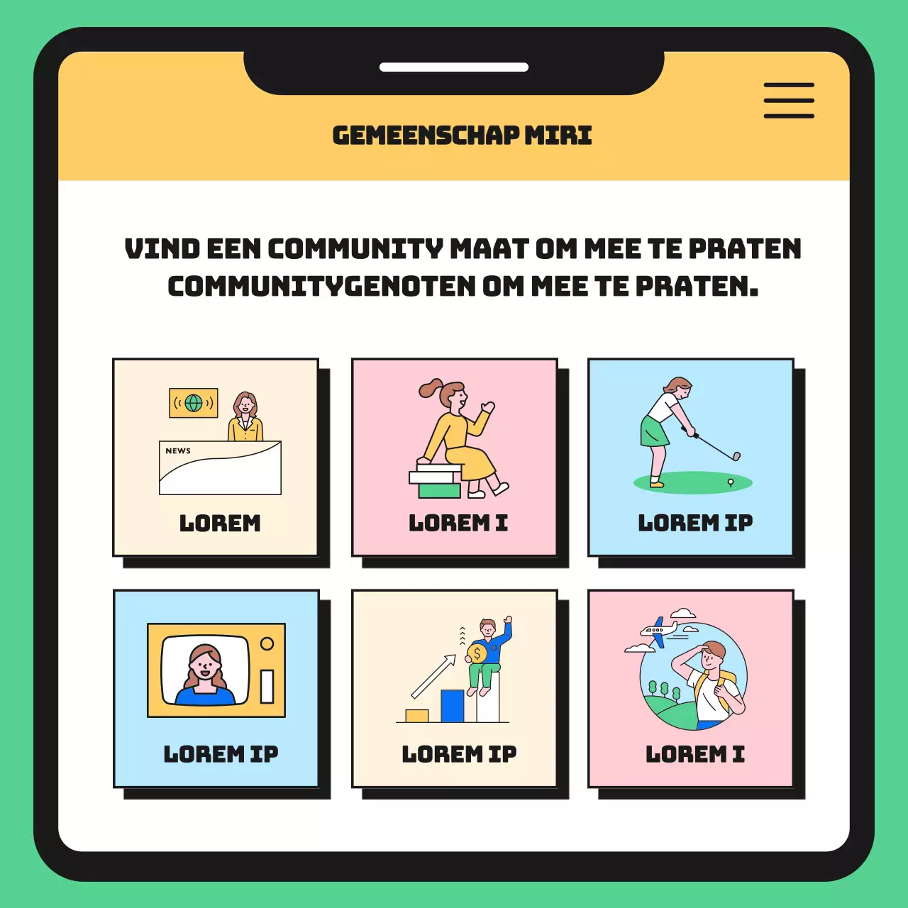 Een eenvoudig groen en geel gemeenschapsplatform promoten