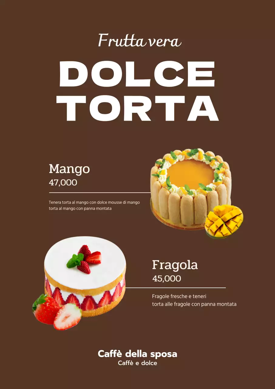 Menu torta semplice e pulito con sfondo marrone