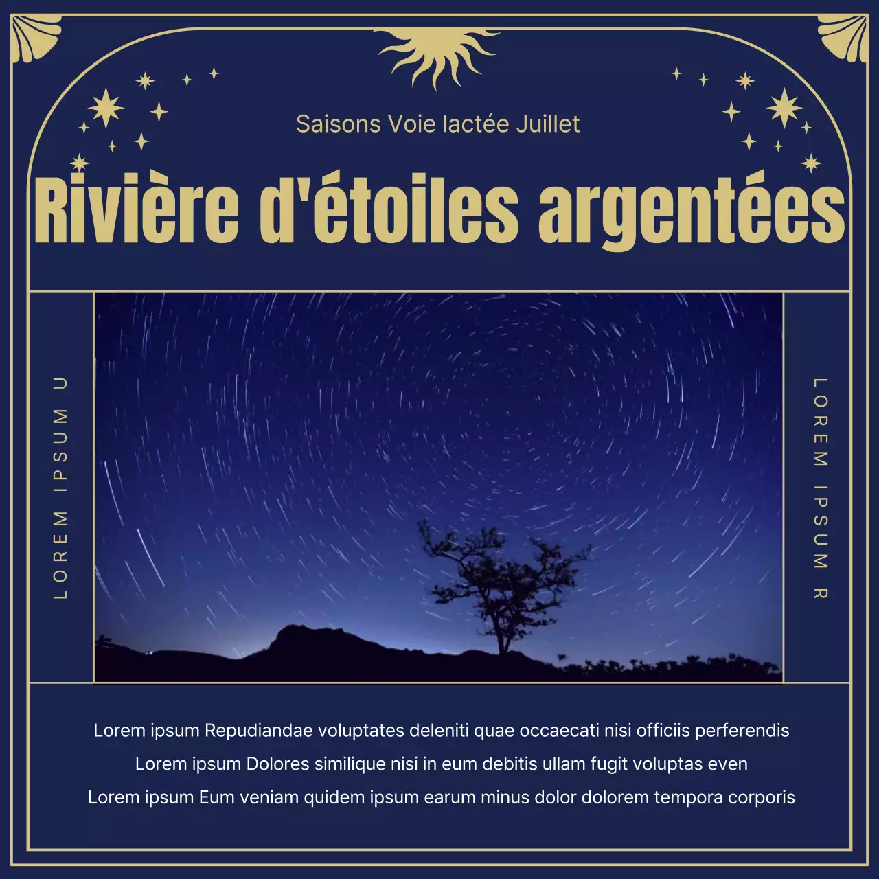 Les origines et l'horoscope des étoiles dans des illustrations mystiques de cartes de tarot en bleu marine et or.