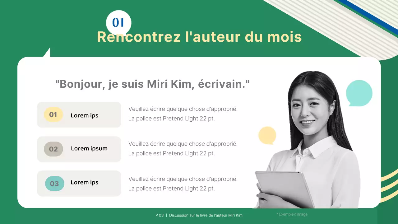 Une présentation simple pour le lancement d'un livre vert et bleu