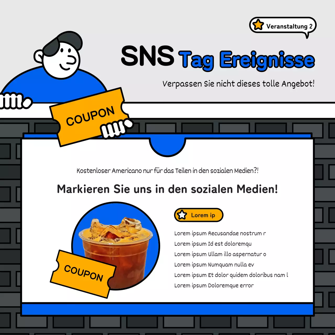 Einfache und niedliche Illustration Stil Veranstaltung mit blauen, roten und gelben Akzenten