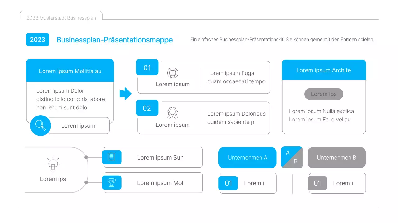 Eine saubere, blau-weiße Businessplan-Präsentation für kulturelle Inhalte