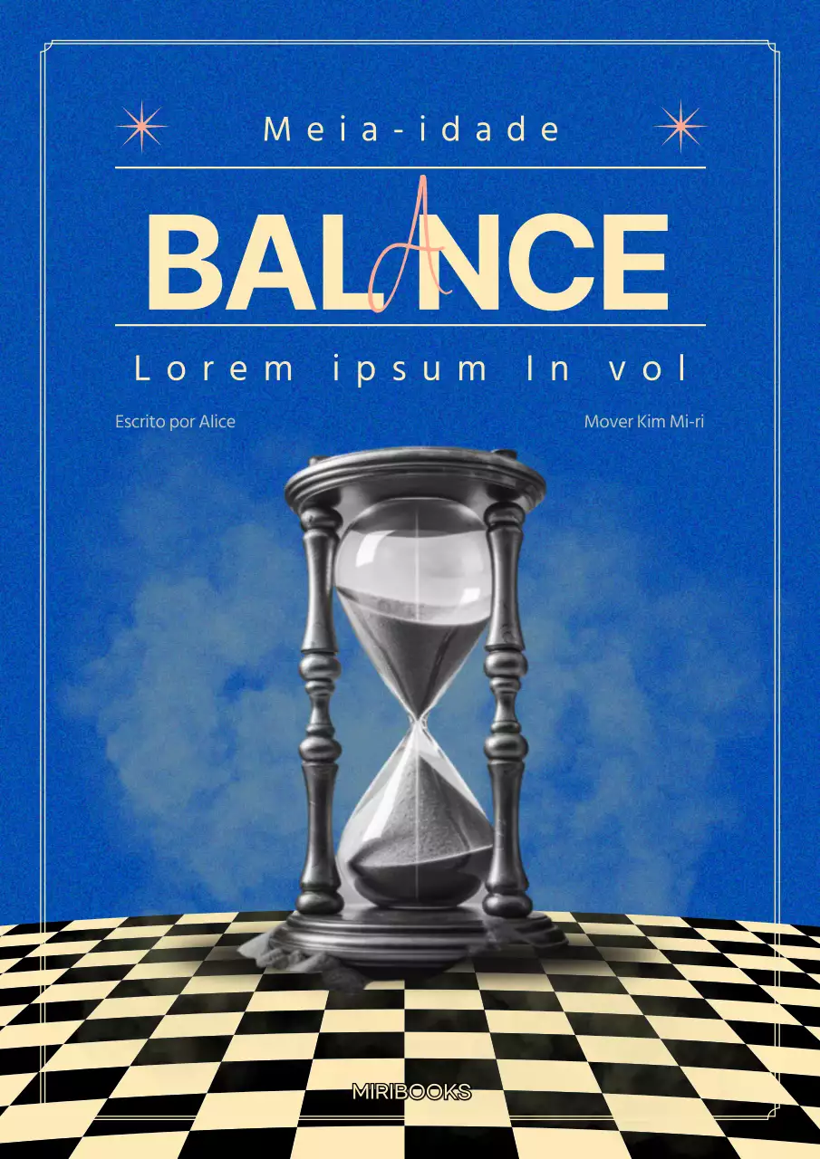 Capa de livro de autoajuda com tabuleiro de xadrez em forma de ampulheta azul