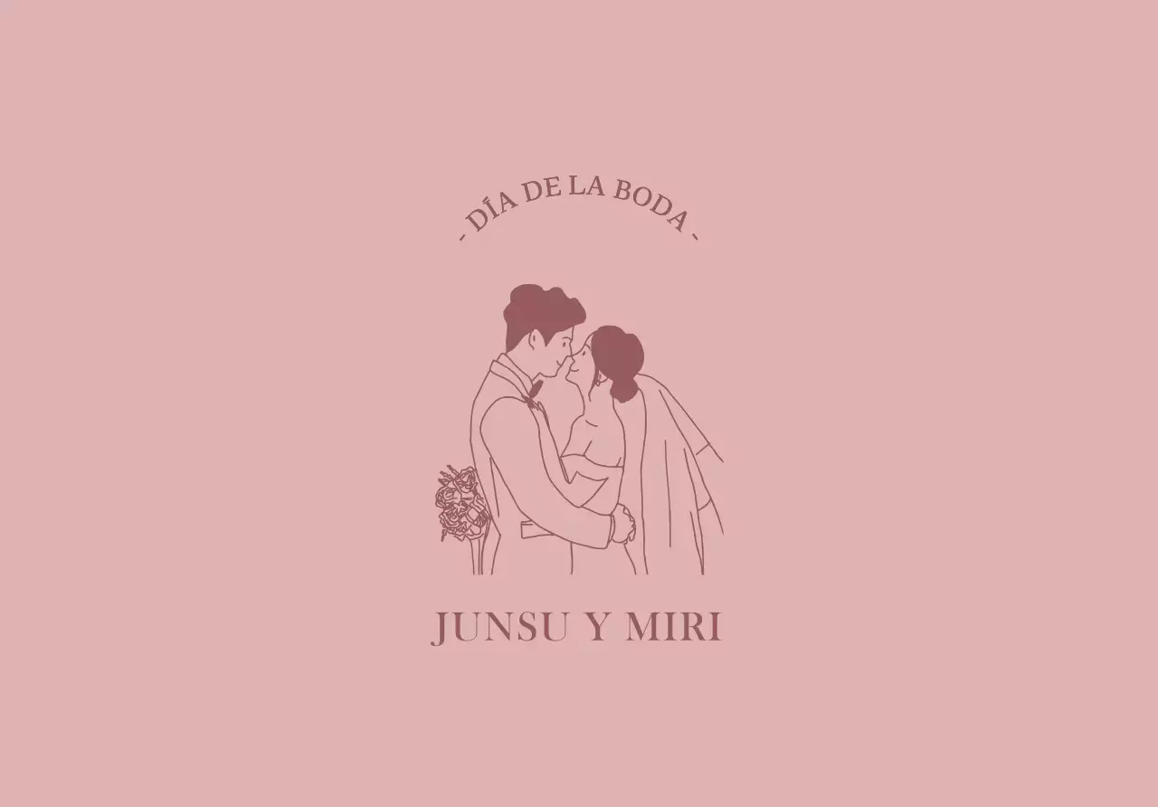 Un sobre clásico con una ilustración roja de novios y texto relacionado con la boda.