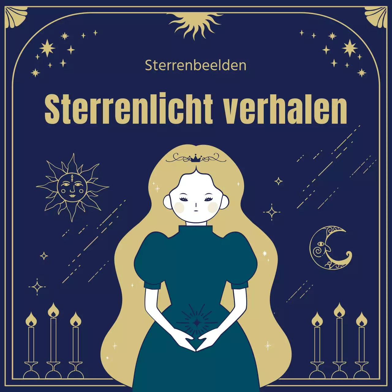 De oorsprong en horoscopen van de sterren in mystieke tarotkaartillustraties in marineblauw en goud