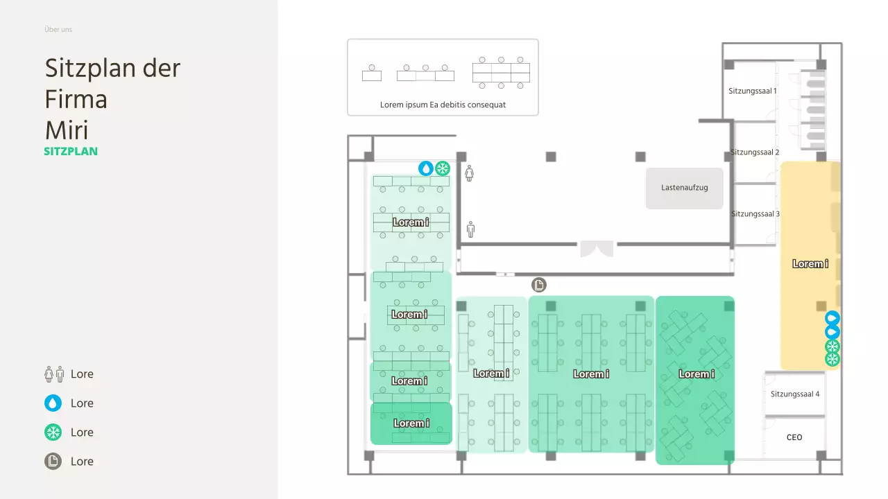 Ein Sitzplan, in den Sie ein Foto Ihrer Zeichnung mit grünen Akzenten einfügen und Ihre Plätze einteilen können.