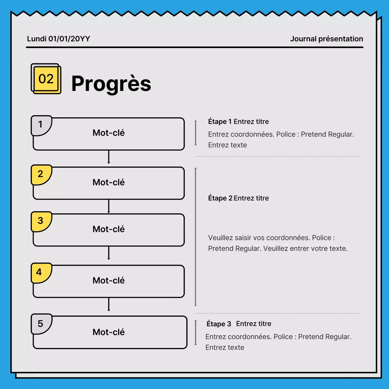 Carte de nouvelles audacieuse et attirant l'attention dans un concept de journal avec des couleurs jaune et bleu clair en accent.