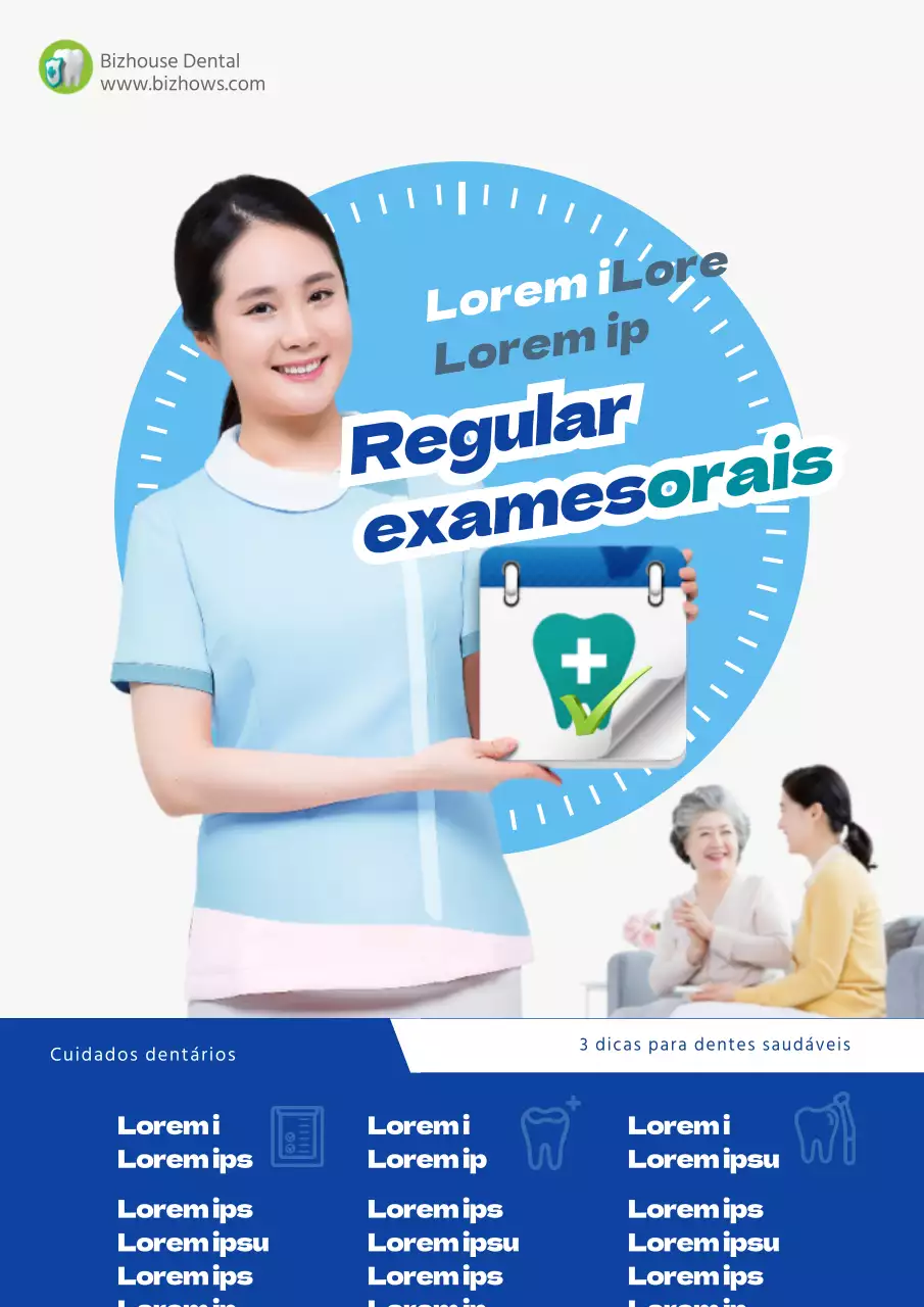 Promova os check-ups dentários de rotina com uma imagem elegante de uma simpática enfermeira de azul.