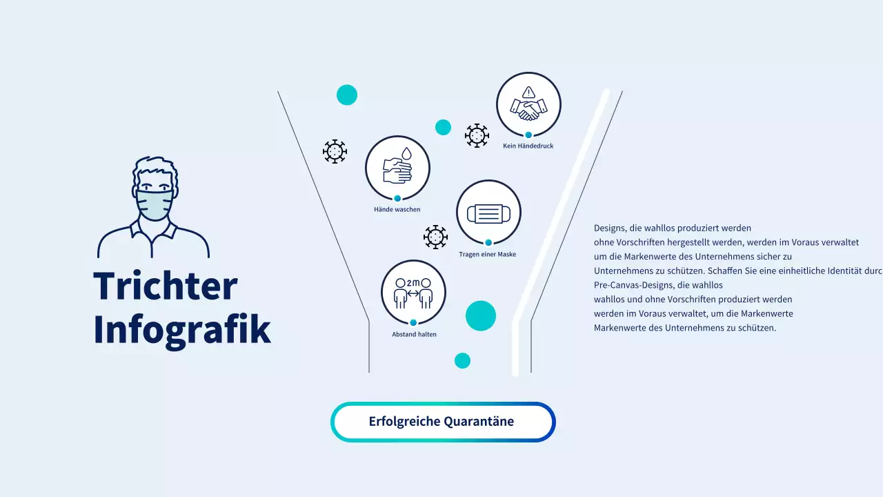 Trichterförmige Infografik mit blauer und hellblauer Coronavirus-Liniendarstellung
