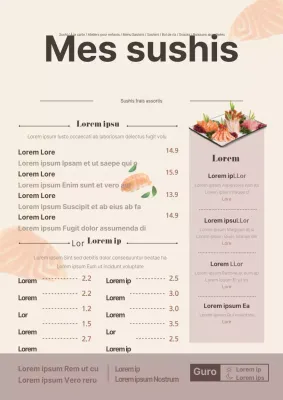 Tableau de menu d'un restaurant de sushis avec des photos jaunes et des illustrations de poissons