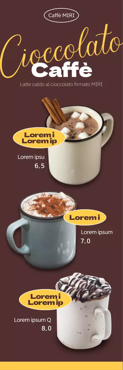 Menu stagionale autunnale con sfondo marrone caldo e foto di bevande al cioccolato e corsivo inglese.