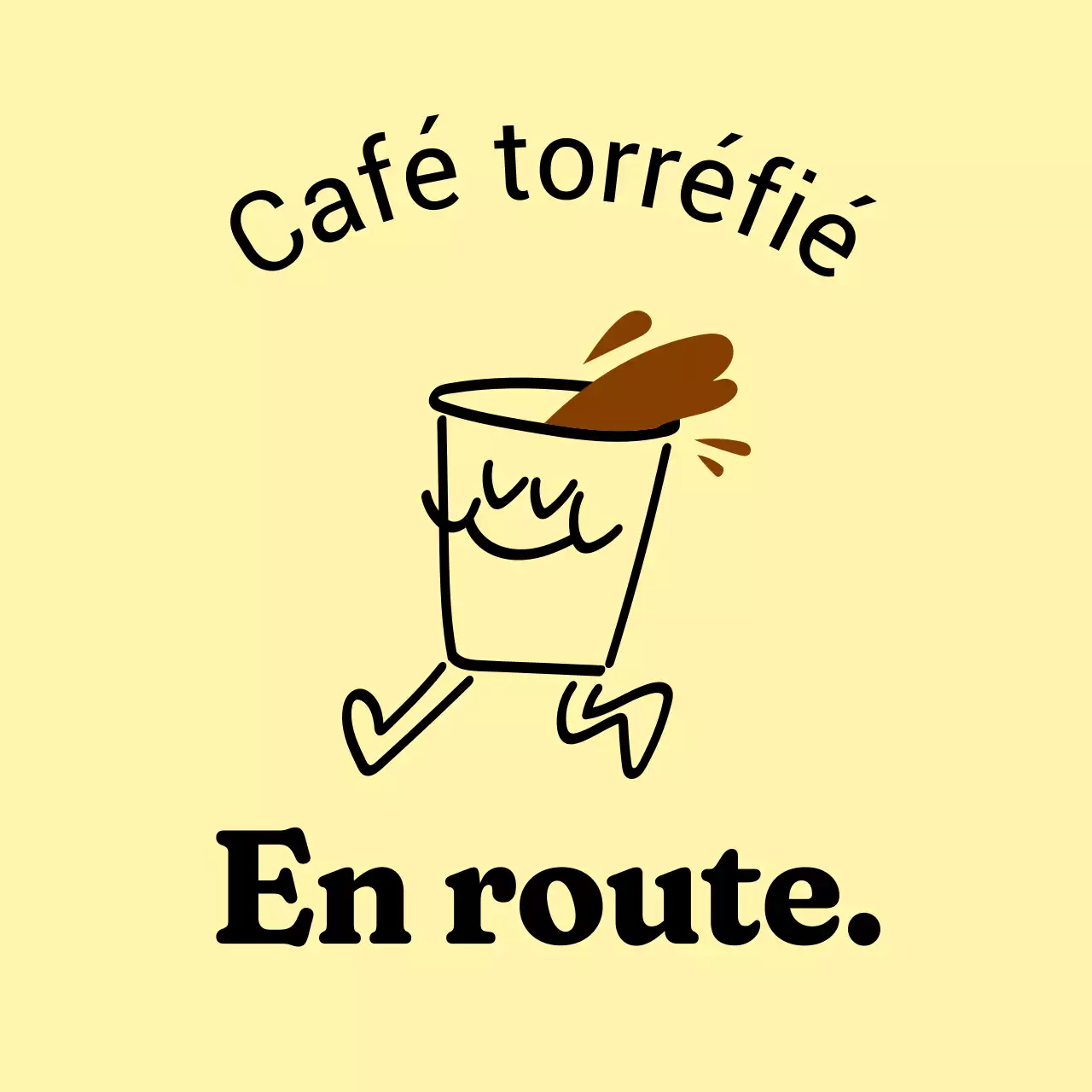 Enseigne de magasin chaleureuse et accueillante en jaune clair et noir avec un texte relatif au café et des illustrations de personnages en forme de café.