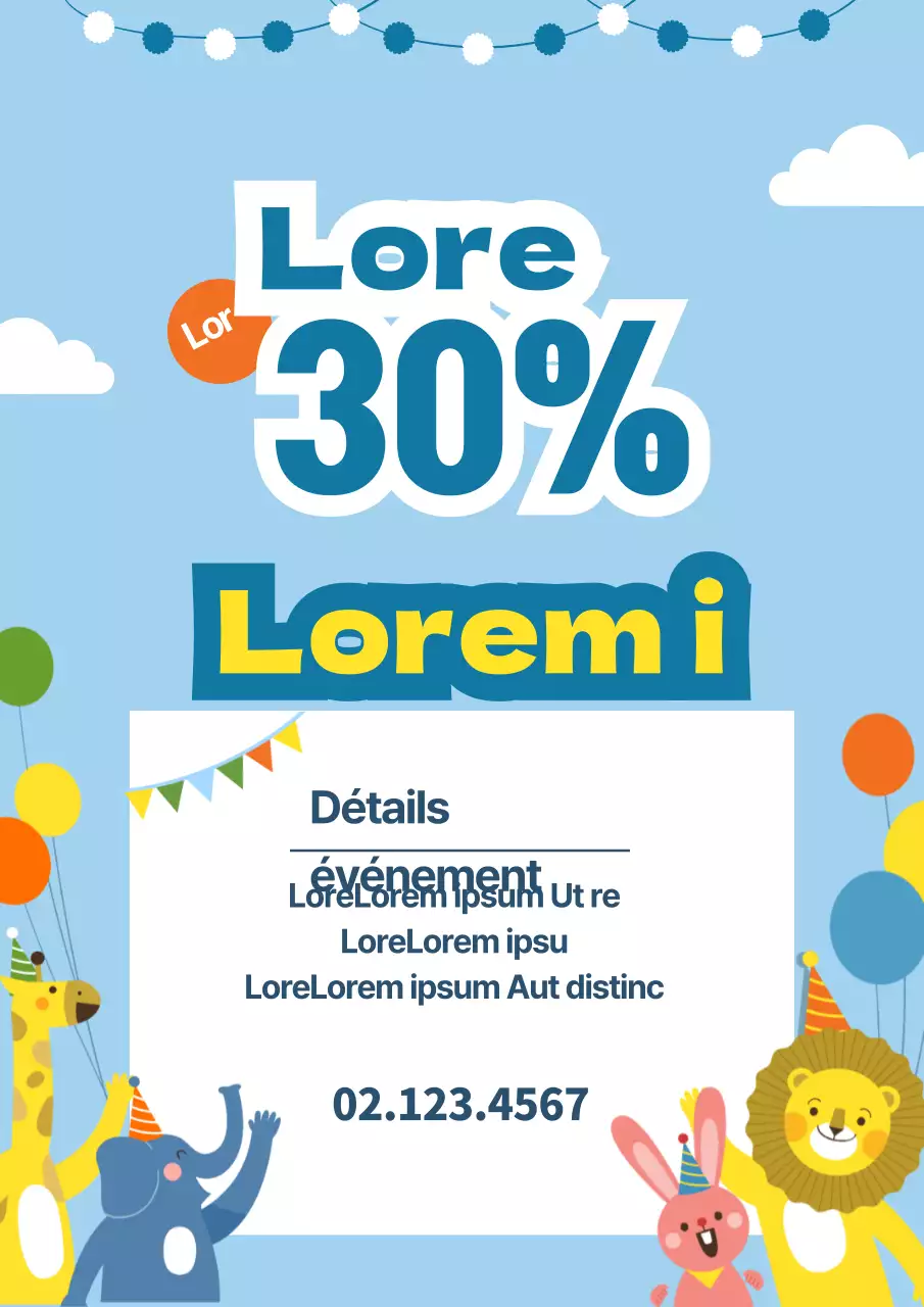 Promouvoir une vente à l'occasion de la Journée des enfants grâce à un concept mignon avec des illustrations d'animaux en bleu.