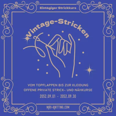 Ankündigung der Eröffnung eines Strick- und Nähkurses in Blau und Beige