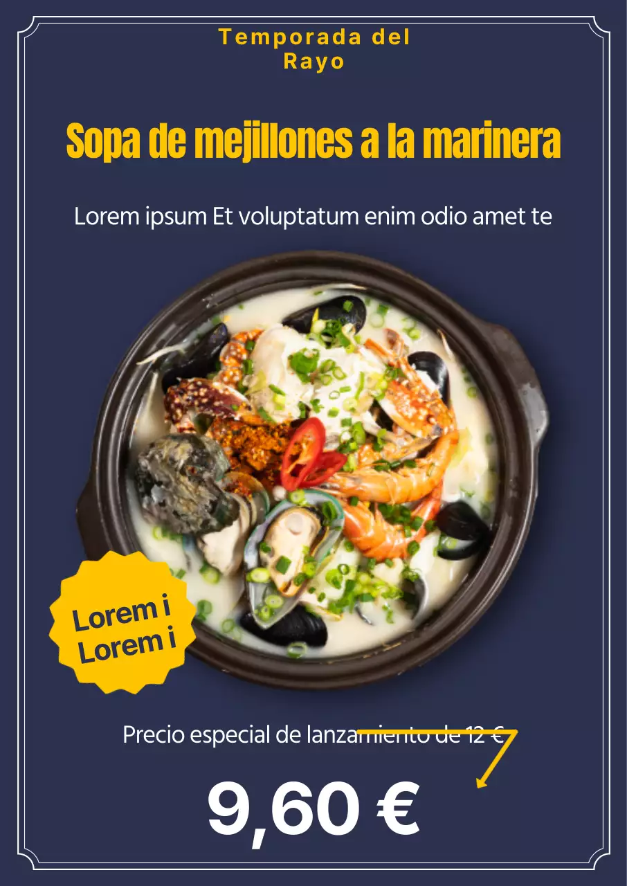 Sopa de mejillones Diseño limpio de fotos y texto, con acentos amarillos y platos otoñales de temporada Catering