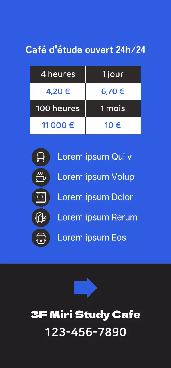 Promouvoir un café d'étude propre avec l'illustration d'un étudiant en train d'étudier sur un fond bleu.