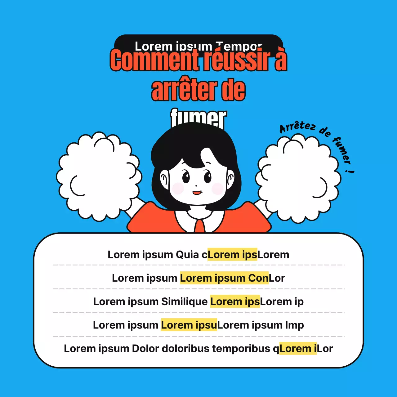 Des illustrations simples et mignonnes en rouge, bleu et gris sur la façon d'arrêter de fumer.