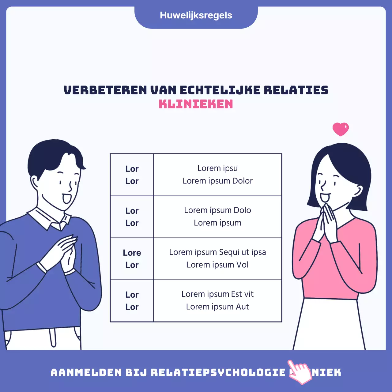 Een advertentie voor een schattige roze en blauwe psychotherapiekliniek voor koppels.