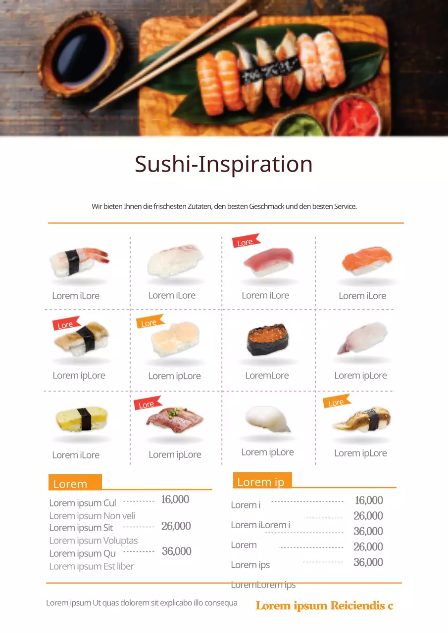 Sushi-Restaurant-Menü mit orangefarbenen Sushi-Bildern
