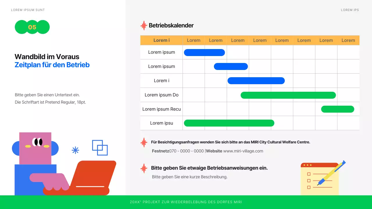 Planung einer Ausstellung von sauber illustrierten Wandbildern in Weiß, Blau und Grün