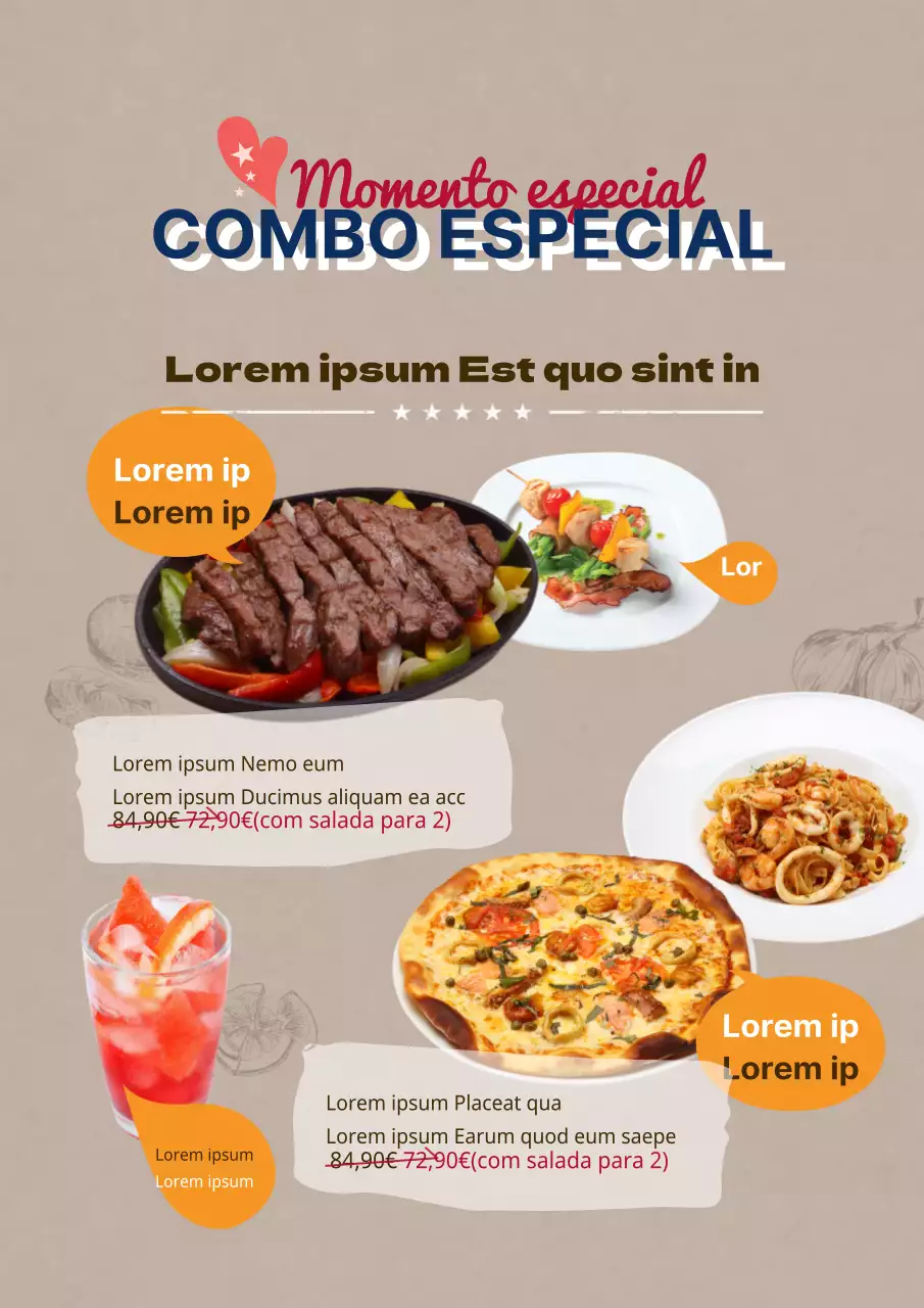 Folheto promocional de menu de restaurante elegante em bege
