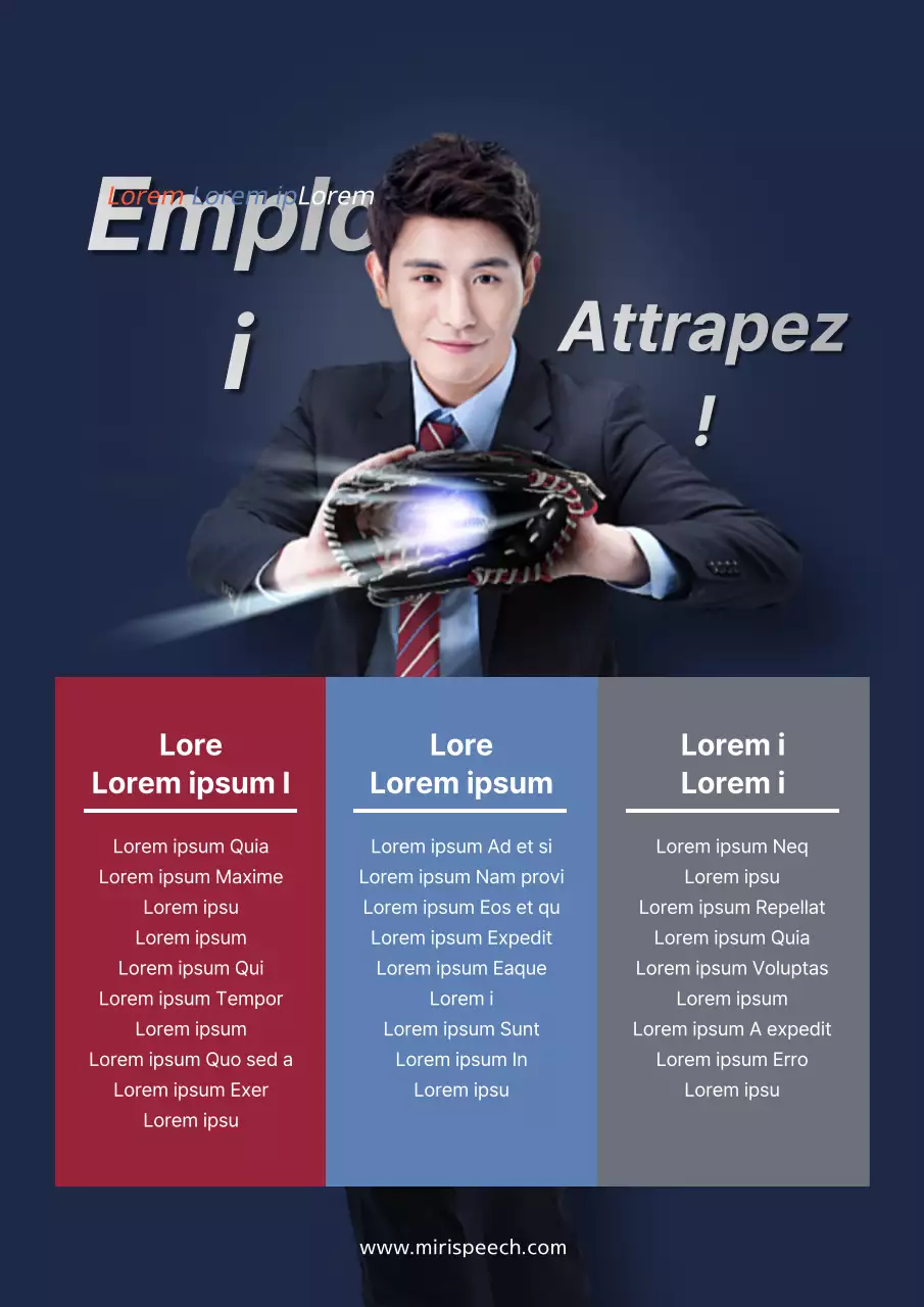 Promotion d'une agence de placement avec la photo d'un homme tenant un ballon bleu marine.